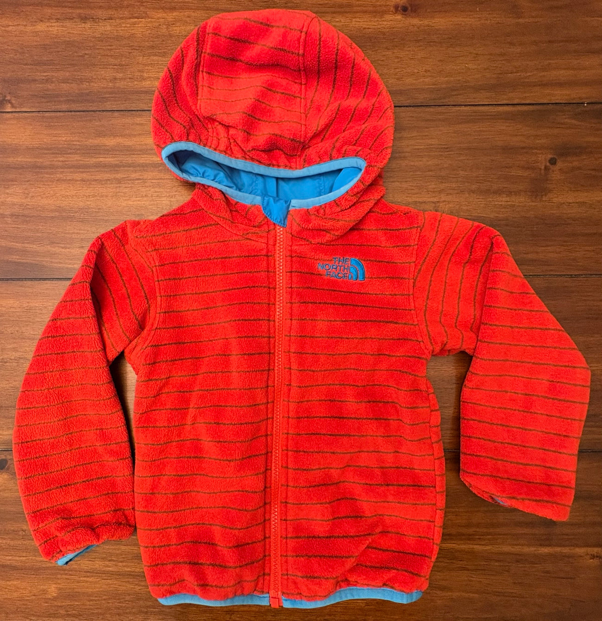 #197 North Face Boys Size 3T Blue & Orange Reversible Hooded Jacket