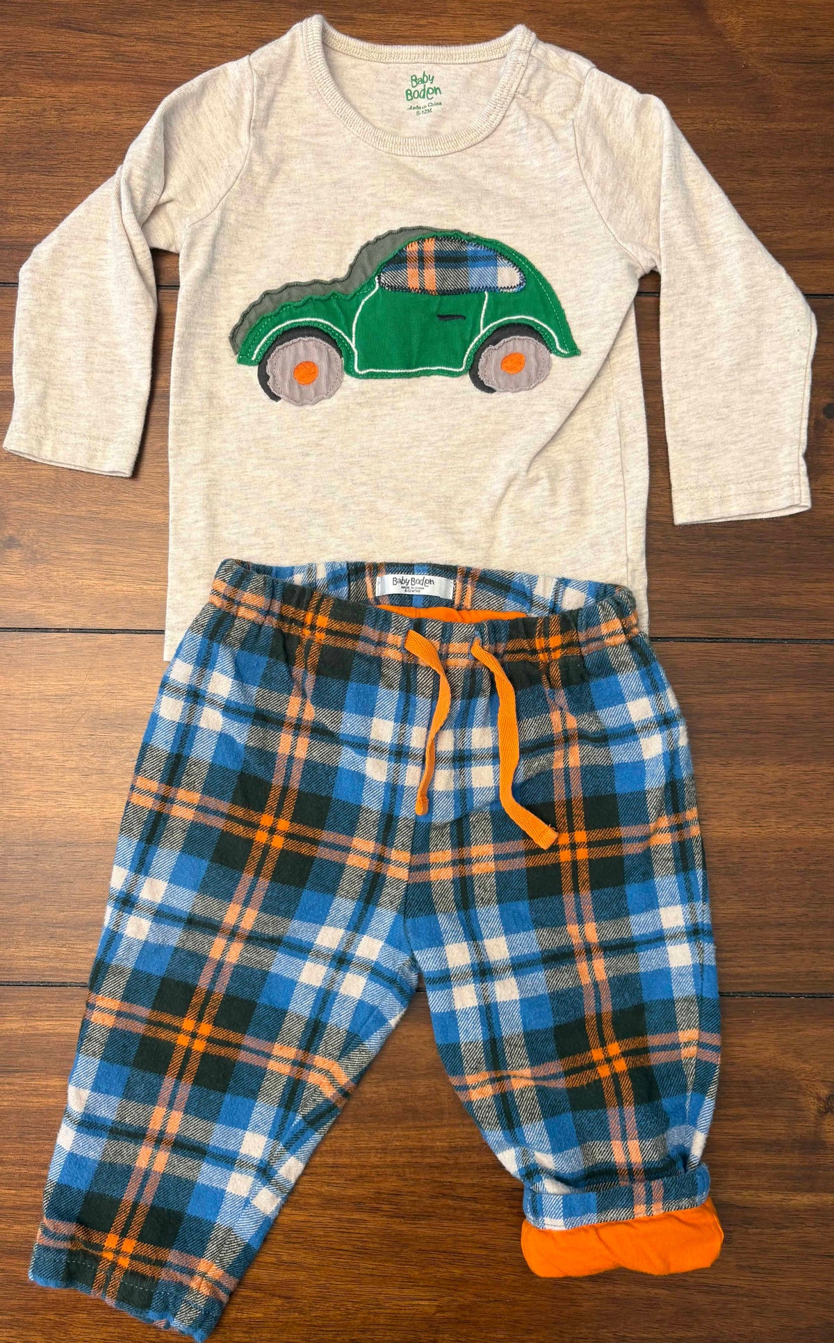 #197 Baby Boden Boys Size 6-12M Cream Blue & Orange Embroidered Long Sleeve Top & Lined Flannel Pants Set