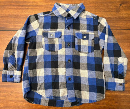 #197 Pure Stuff Boys Size 3 Blue Black & Gray Buffalo Plaid Long Sleeve Flannel Shirt