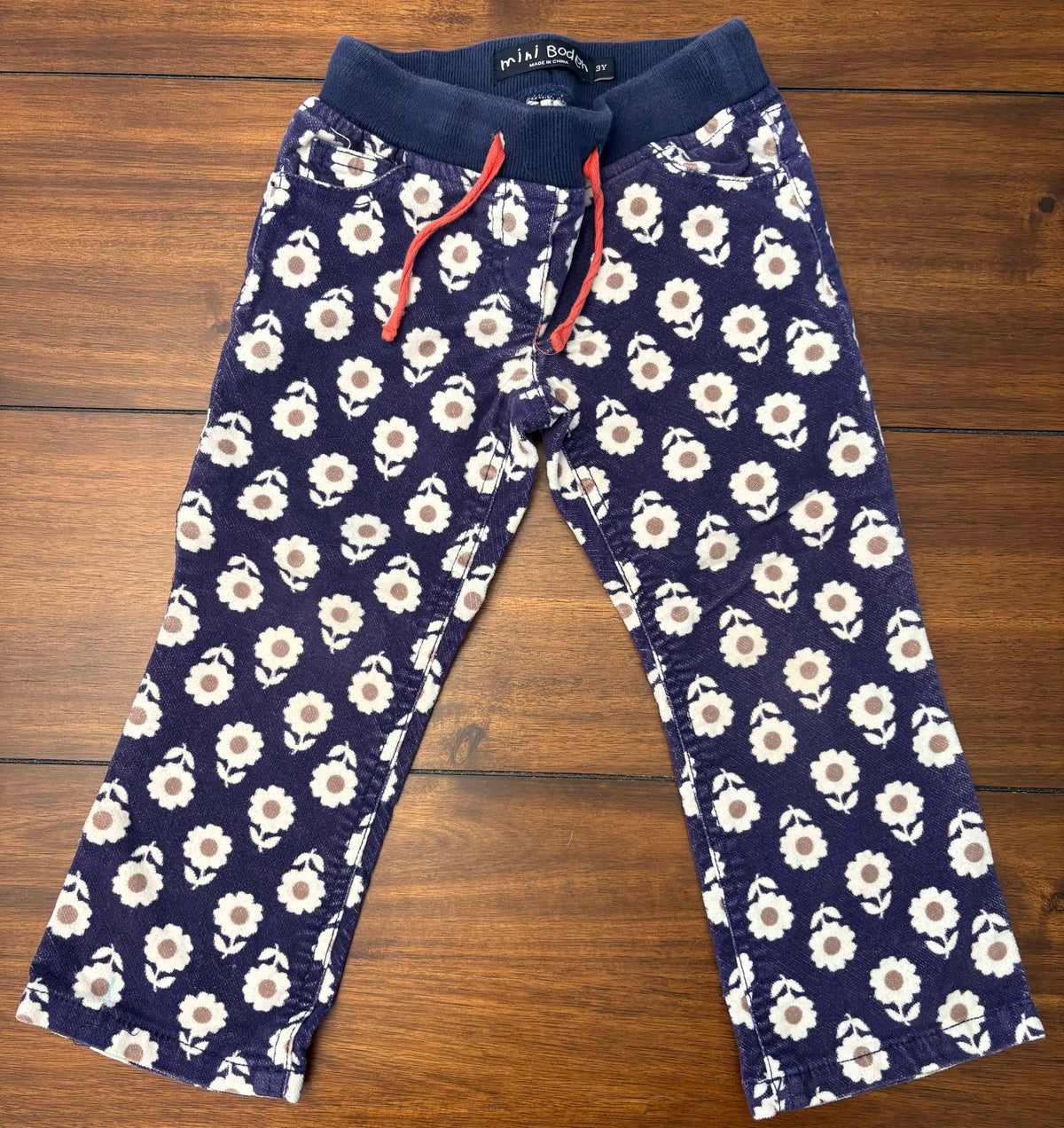 #197 Mini Boden Girls Size 3 Blue with White	Flowered Pants