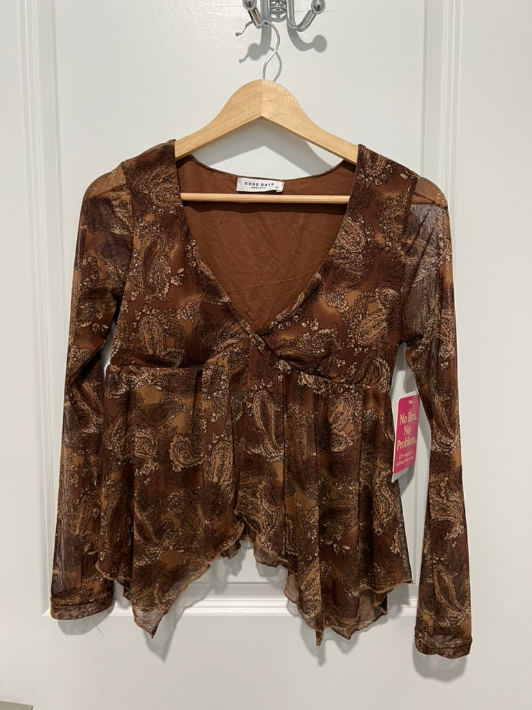 Seller #76 - Good Days Sheer Brown Paisley Long Sleeve Peplum Top Medium Fairy Grunge NWT
