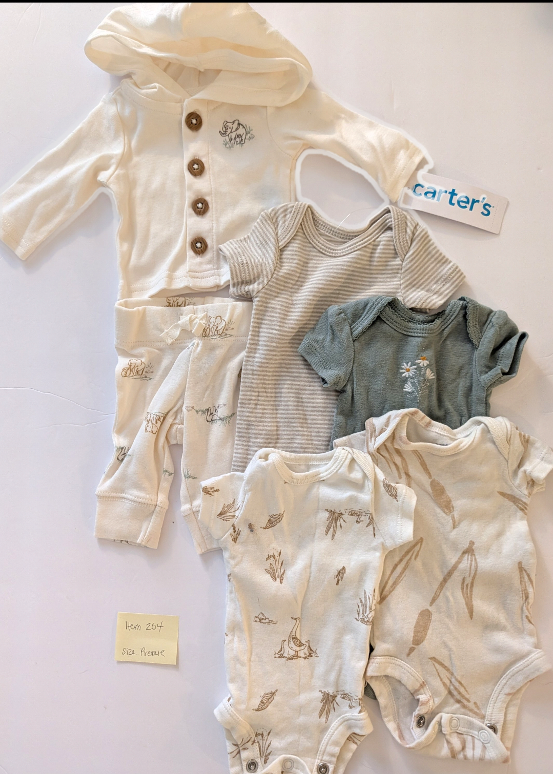 Seller 97, Carter's Elephant Hooded Set & 4 Onesies, baby size Preemie NWT (item 204)