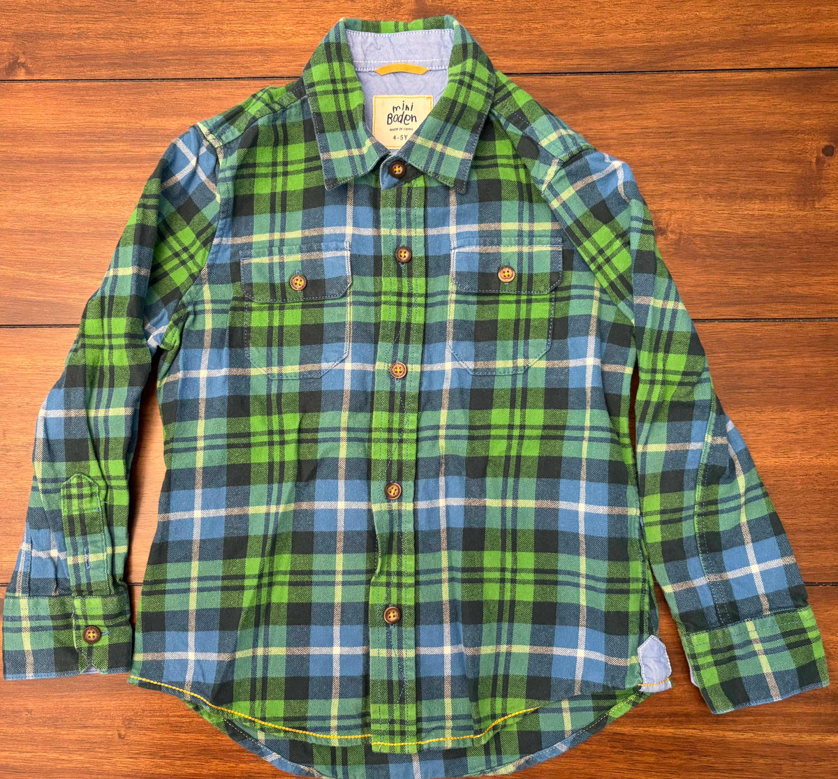 #197 Mini Boden Boys Size 4-5 Green & Blue Plaid Flannel Long Sleeve Shirt