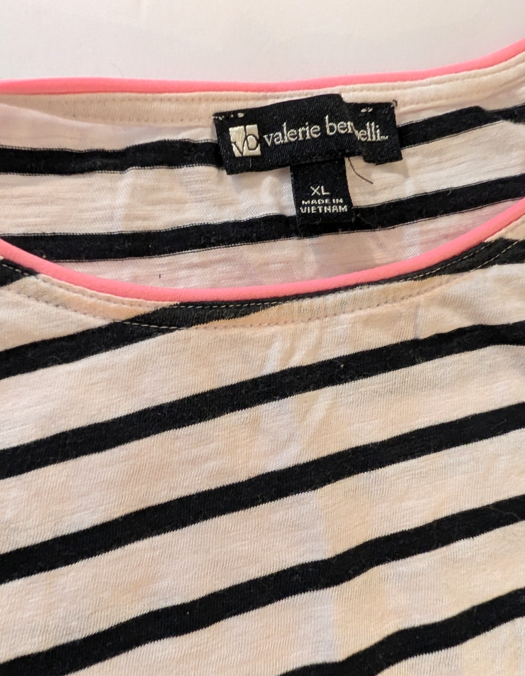Seller 97, Valerie Bertinelli Navy & White Striped Shirt w/Neon Pipping, women's size XL (item 216)