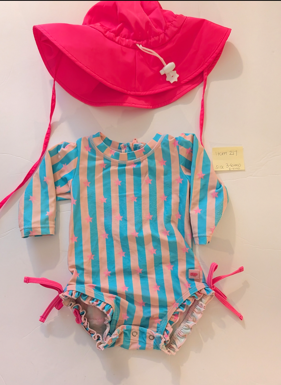 Seller 97, Ruffle Butts Pink & Blue Striped Swimsuit w/Pink Stars & Matching Pink Hat, baby, size 3-6mo (item 217)