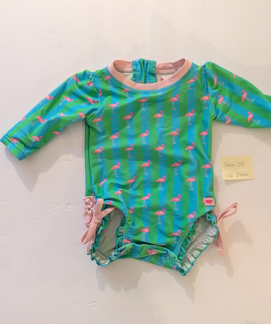 Seller 97, Euffle Butts Green & Aqua w/Flamingos Swimsuit, baby girl, size 3-6mo (item 219)