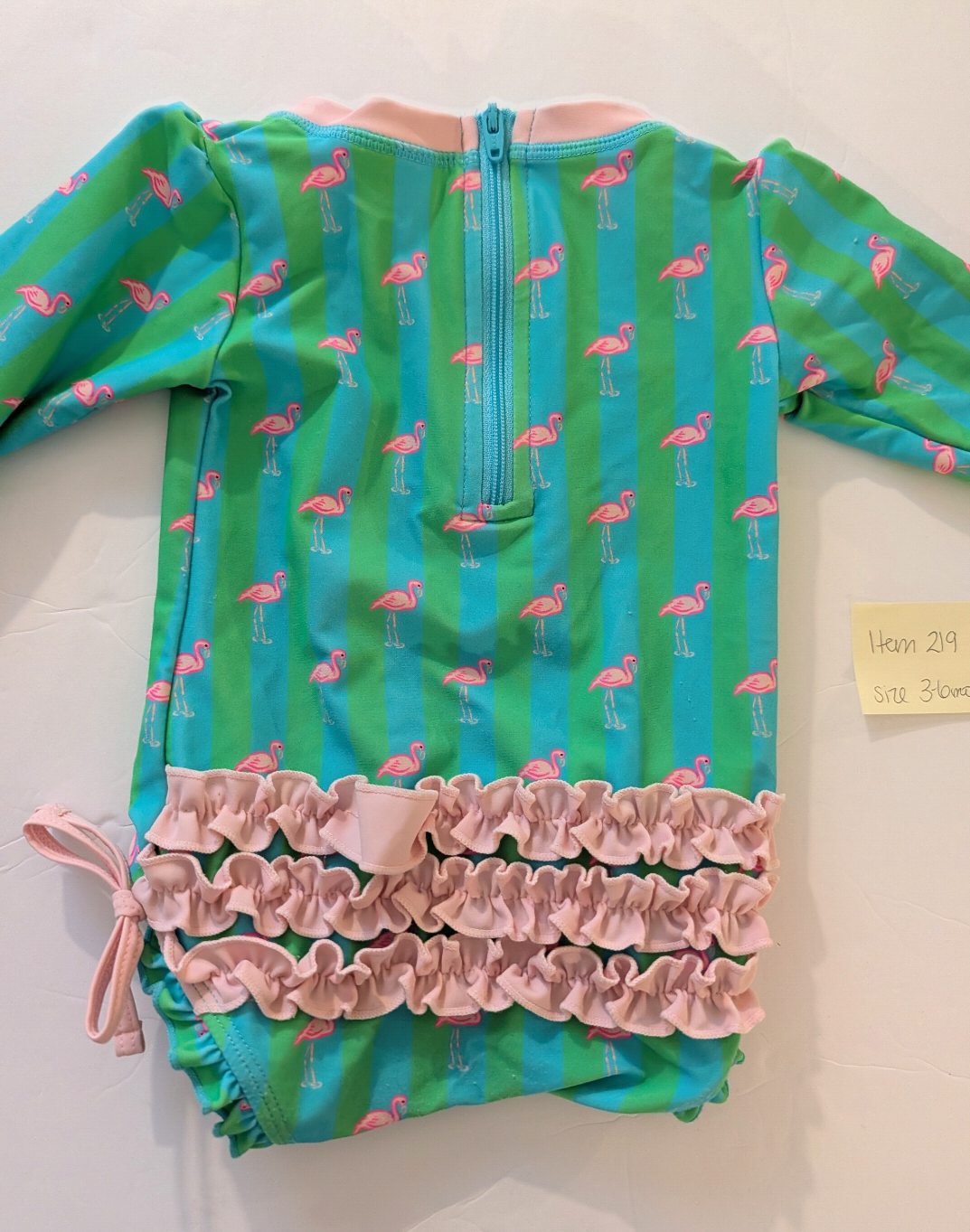 Seller 97, Euffle Butts Green & Aqua w/Flamingos Swimsuit, baby girl, size 3-6mo (item 219)
