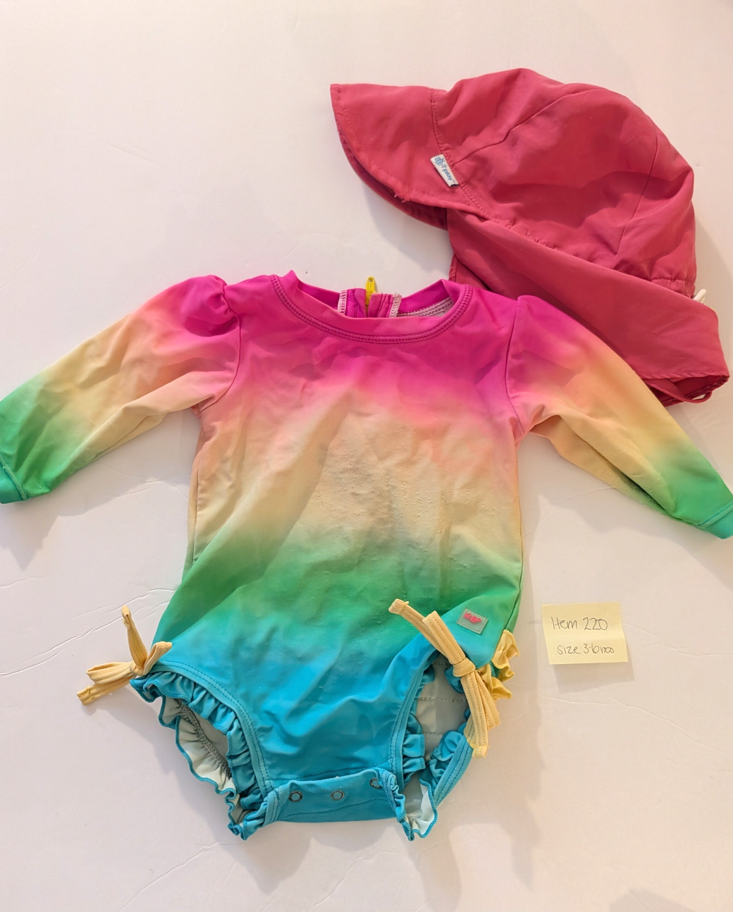 Seller 97, Ruffle Butts Neon Ombre Swimsuit w/Sun Hat, baby, size 3-6mo (item 220)