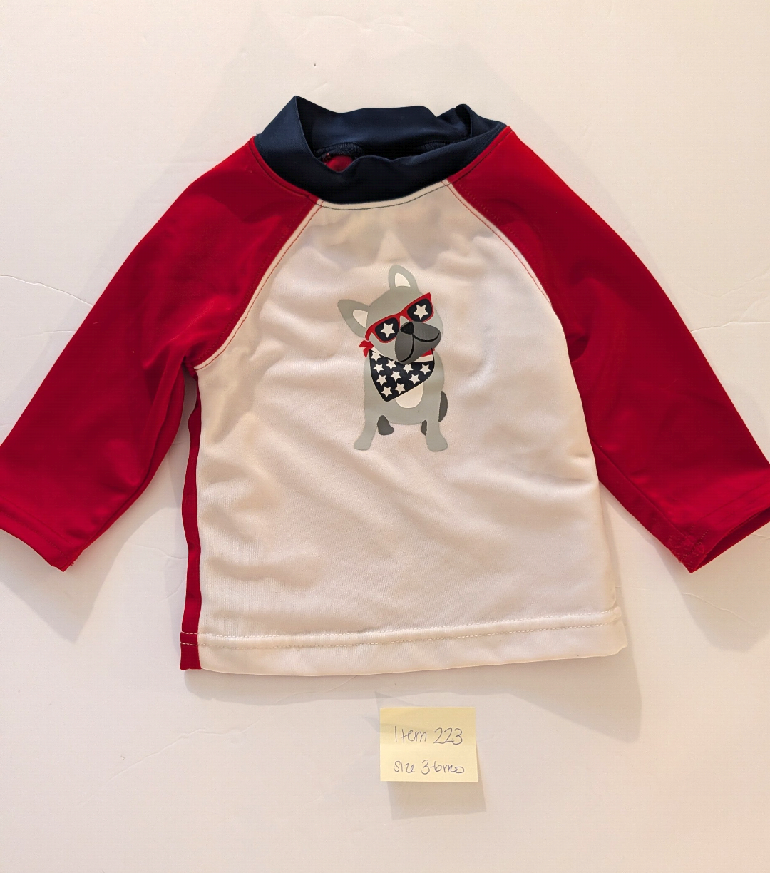 Seller 97, Gymboree Dog Red, White & Blue Swim Shirt, baby, size 3-6mo (item 223)