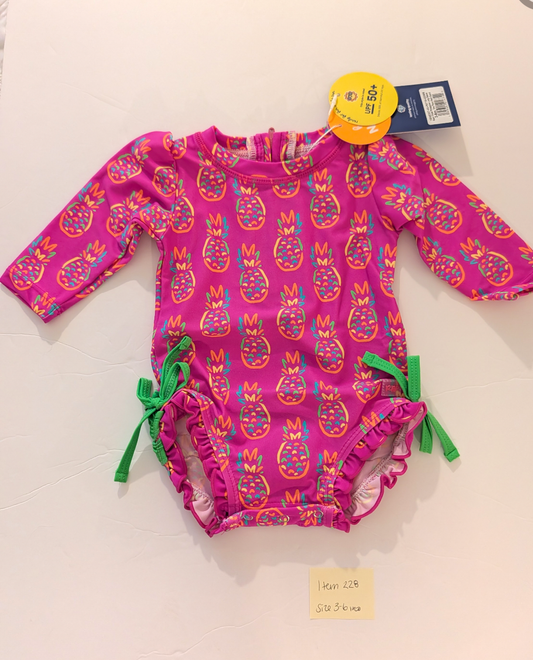 Seller 97, Ruffle Butts Neon Pink Pineapple Swimsuit w/Green ruffles on Butt, baby girl, size 3-6mo NWT (item 228)