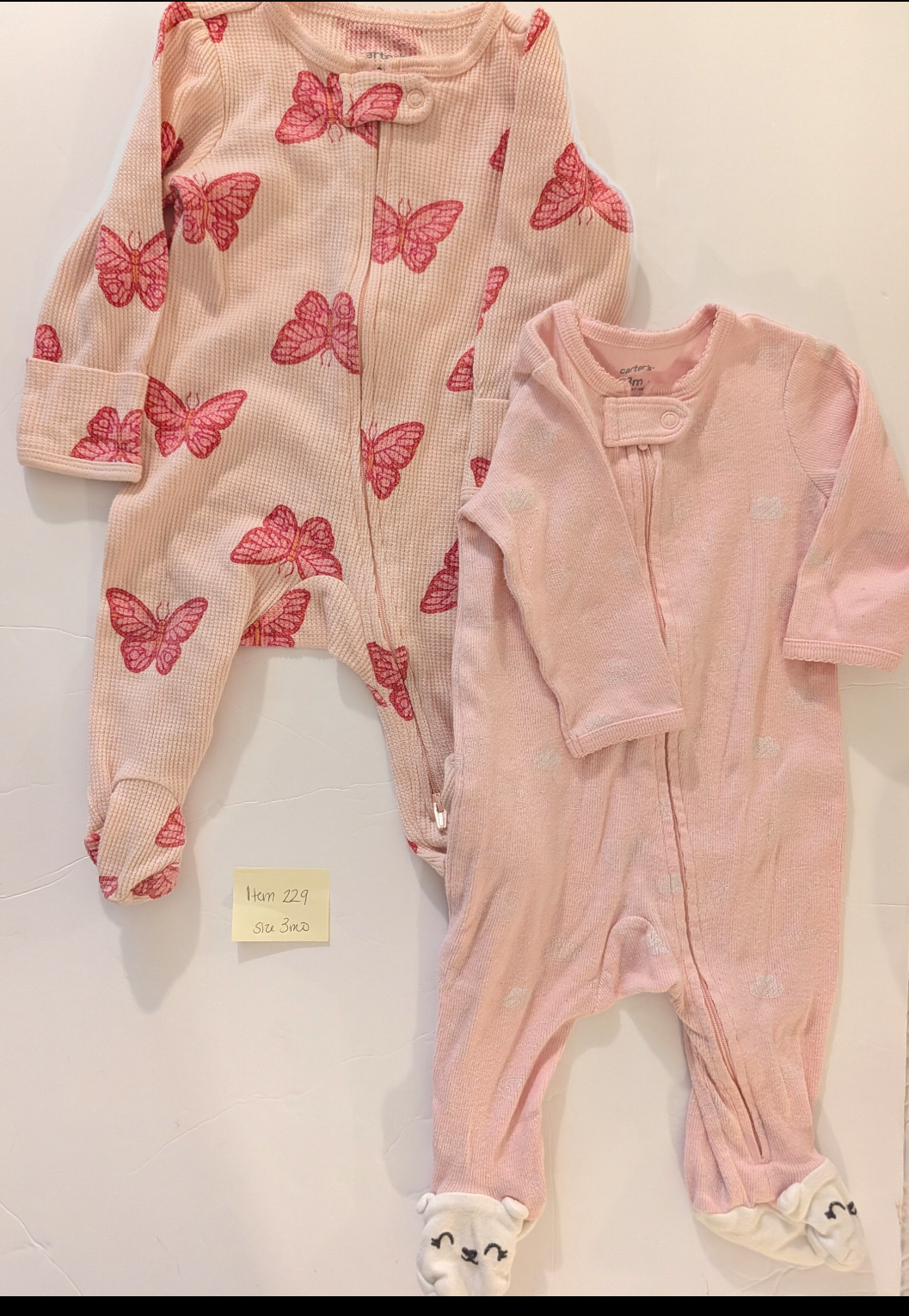 Seller 97, Carter's Pink Waffle Zip Footed PJs, baby size 3mo (item 229)
