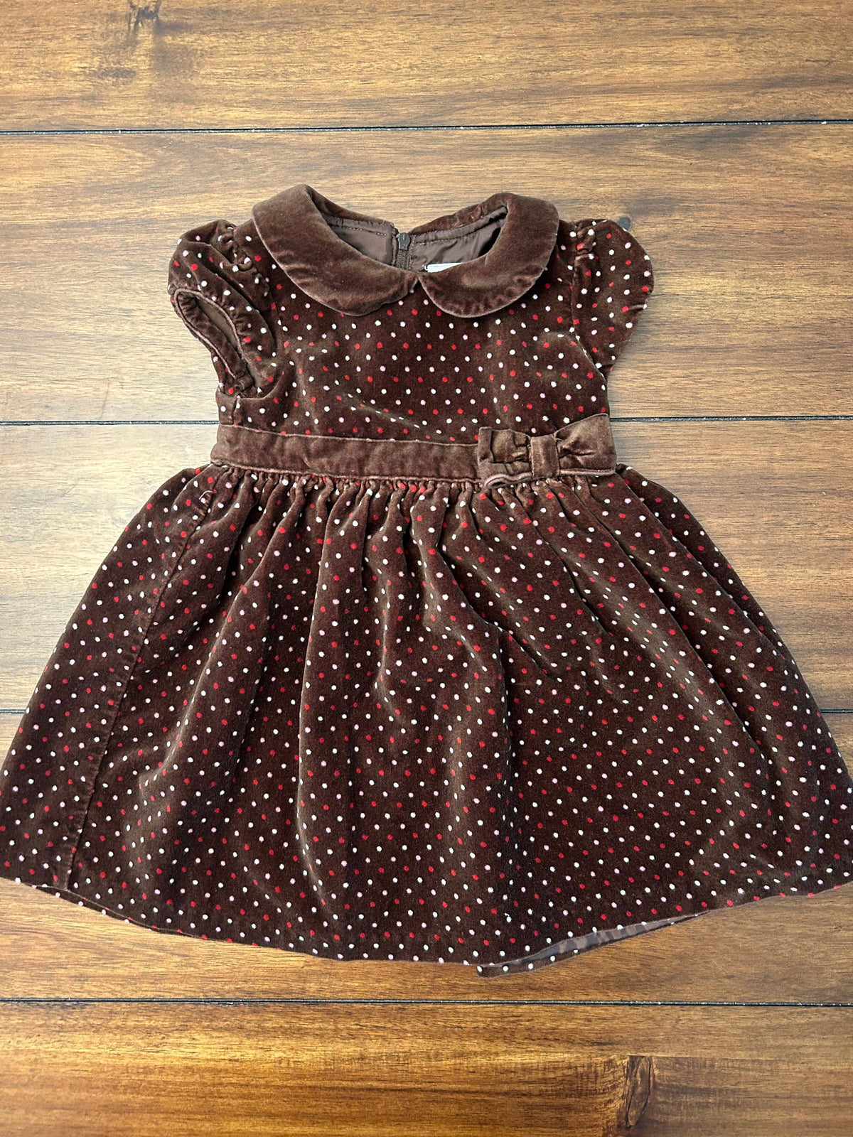 #197 Gymboree Girls Size 12-18M Brown Velour Polka Dot Short Sleeve Dress