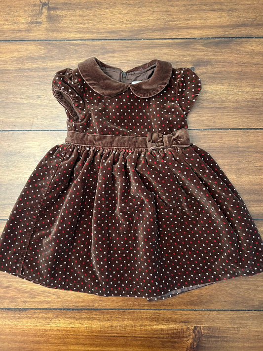 #197 Gymboree Girls Size 12-18M Brown Velour Polka Dot Short Sleeve Dress