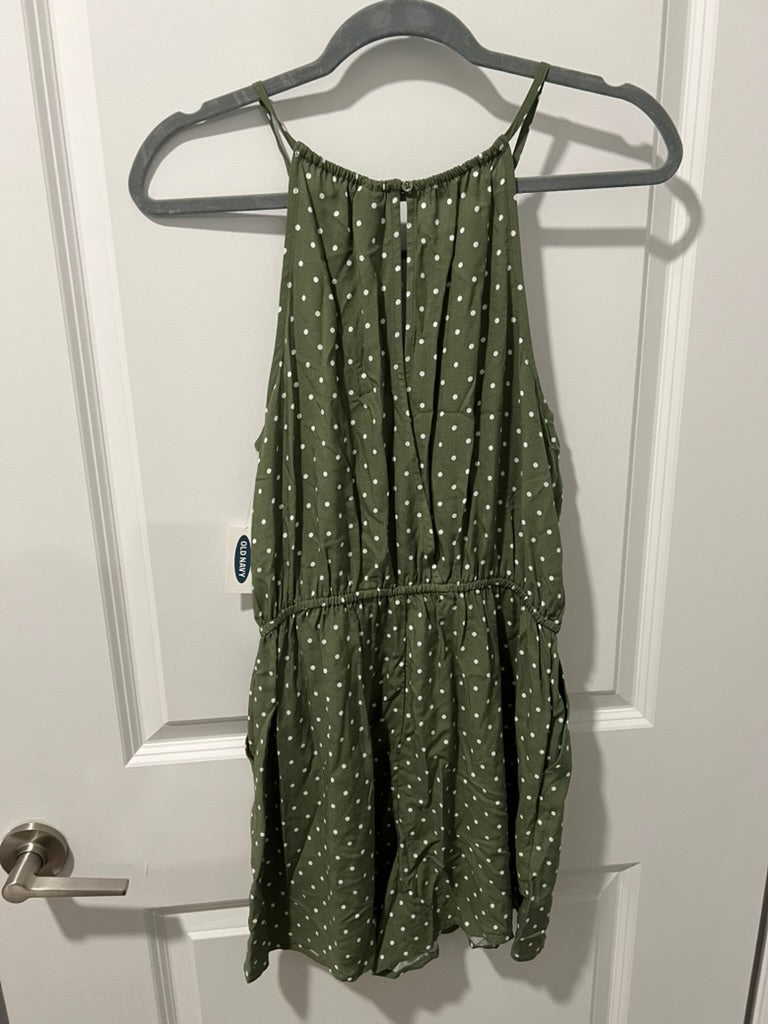 Seller #76 - Old Navy Sleeveless Surplice-Back Romper Small 3.5" Inseam Green Dots NWT $35