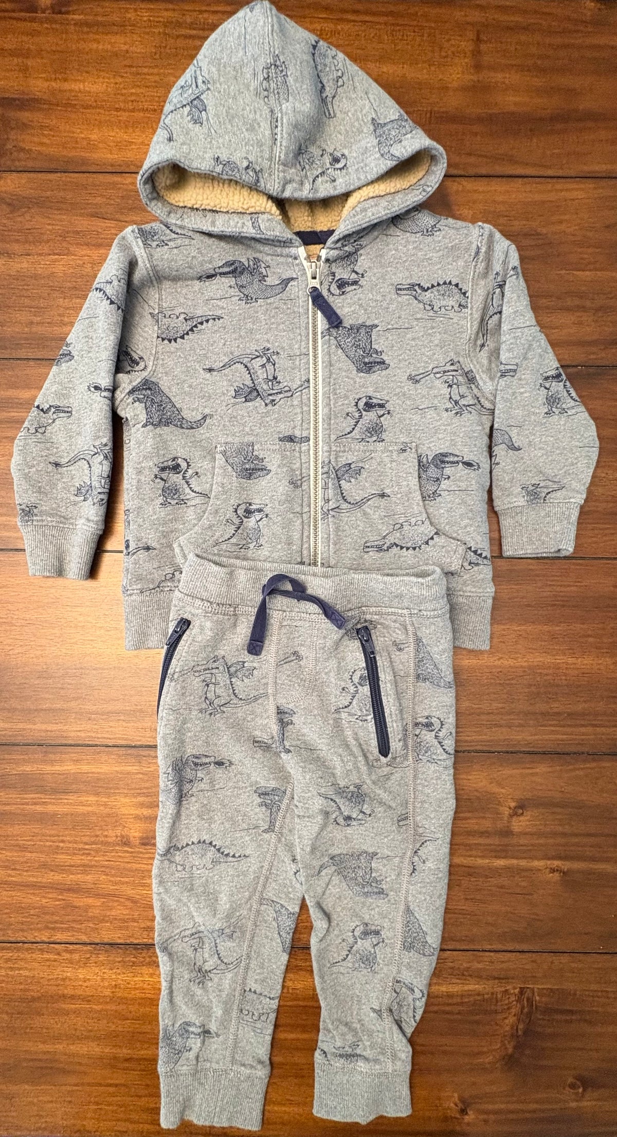 #197 Hanna Andersson Boys Size 3 (90) Gray Dinosaur Printed Sherpa Lined Hooded Sweatshirt & Sweatpants Set