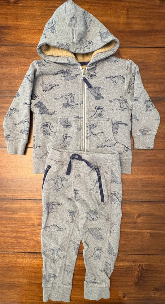 #197 Hanna Andersson Boys Size 3 (90) Gray Dinosaur Printed Sherpa Lined Hooded Sweatshirt & Sweatpants Set