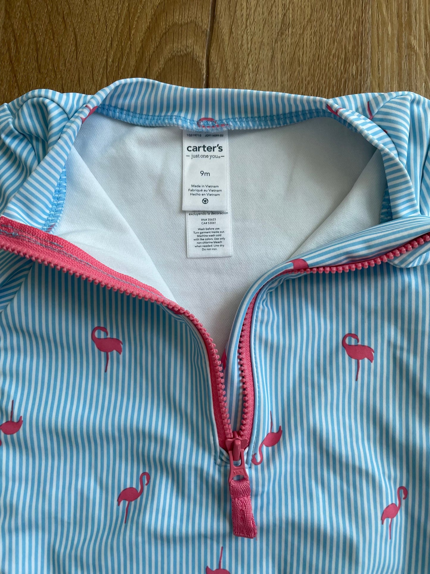 #6 - Girls Carter's Swim Suit Rash Guard, 9 months, blue striped with flamingos