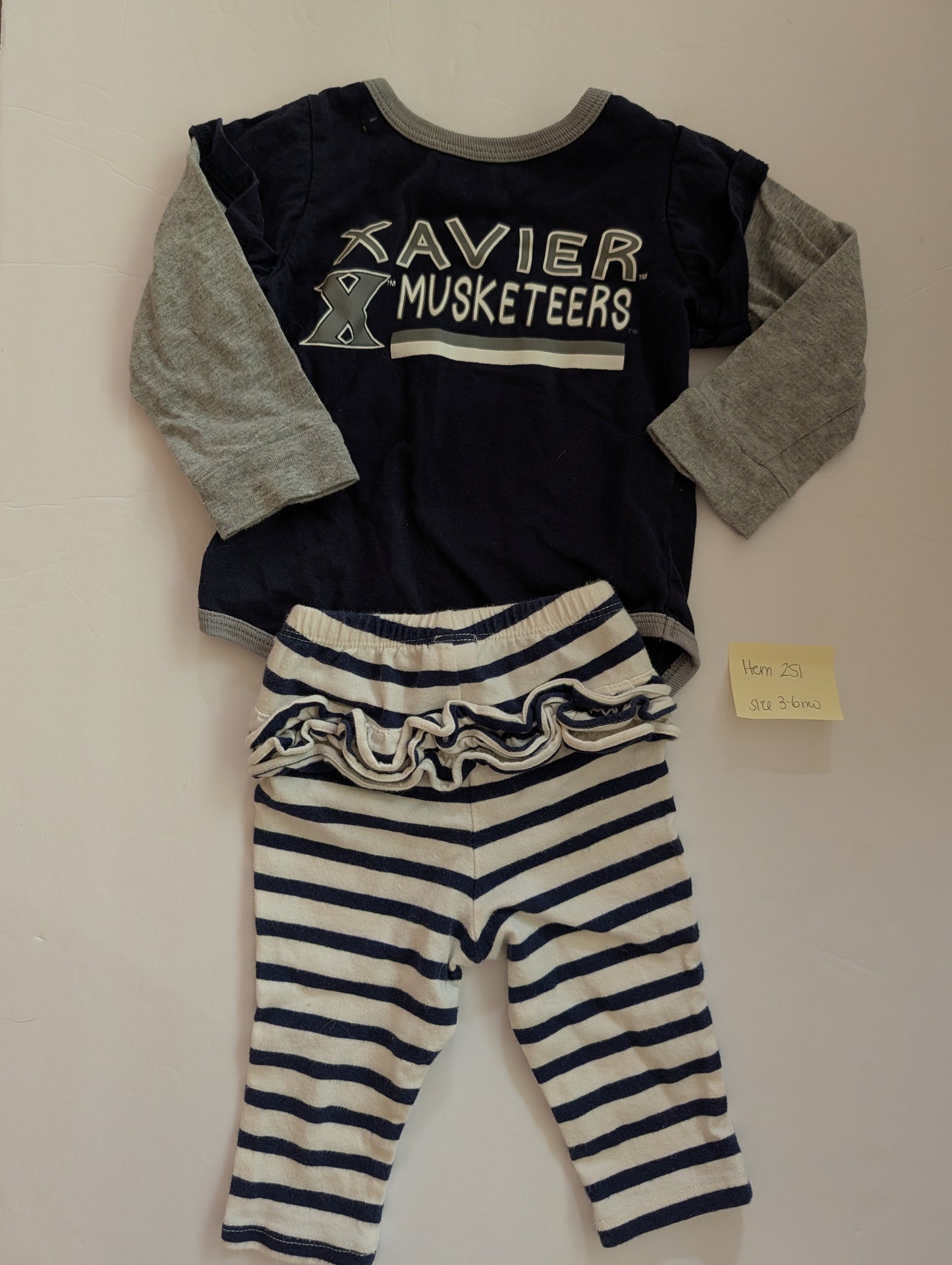Seller 97, Game Day Xavier Onesies w/Ruffle Navy Stripes Pants, baby, size 3-6mo (item 251)