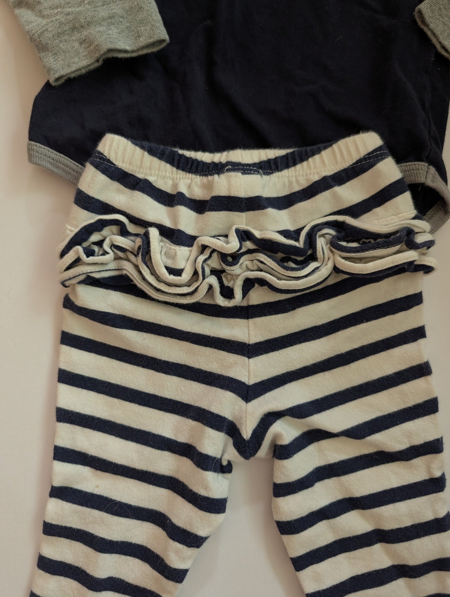 Seller 97, Game Day Xavier Onesies w/Ruffle Navy Stripes Pants, baby, size 3-6mo (item 251)