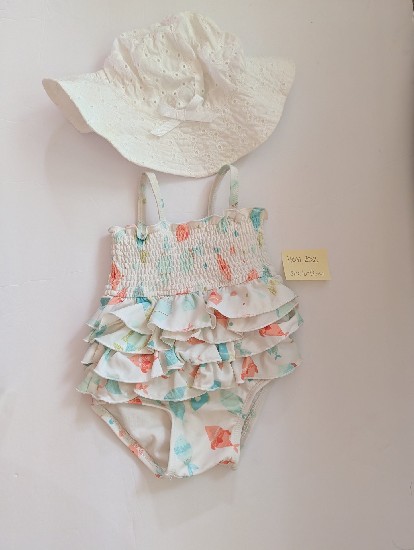 Seller 97, Janie and Jack Fish One Piece w/Ruffles & Sun Hat, size 6-12mo (item 252)