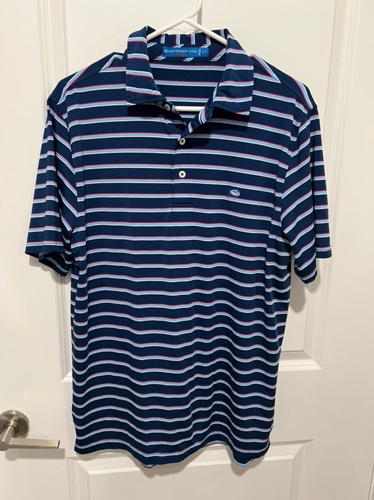 Seller #76 - Southern Tide Men's Polo - Blue W/ Red and White Stripes - Size Medium