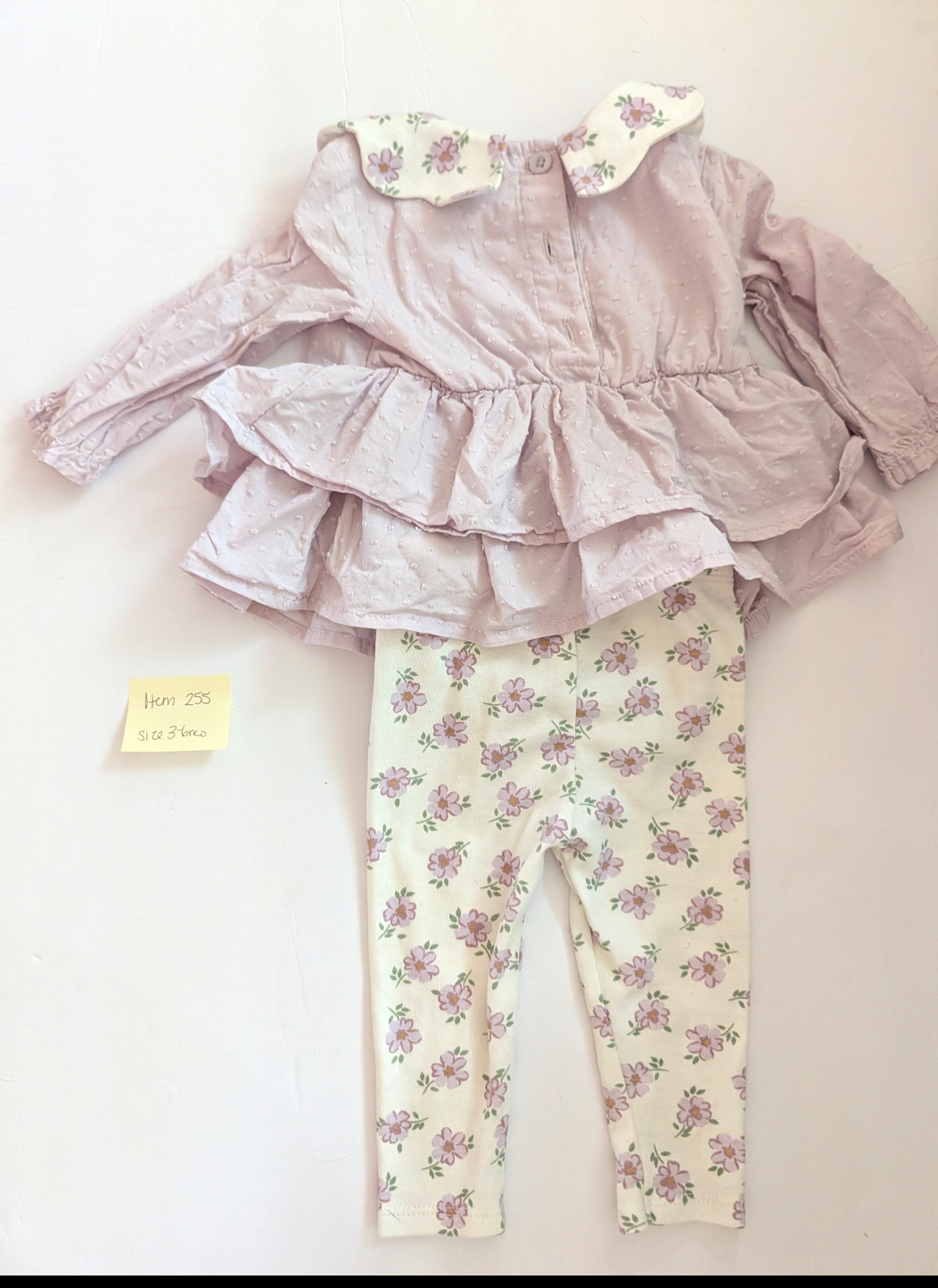 Seller 97, Nicole Miller Purple Ruffle Top w/Purple floral Pants & Collar, baby aize 3-6mo (item 255)