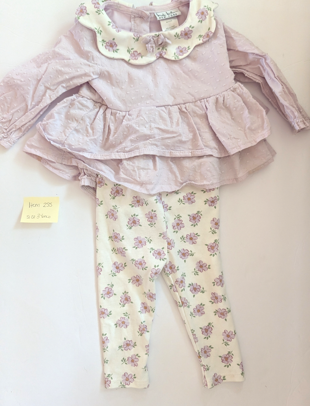 Seller 97, Nicole Miller Purple Ruffle Top w/Purple floral Pants & Collar, baby aize 3-6mo (item 255)