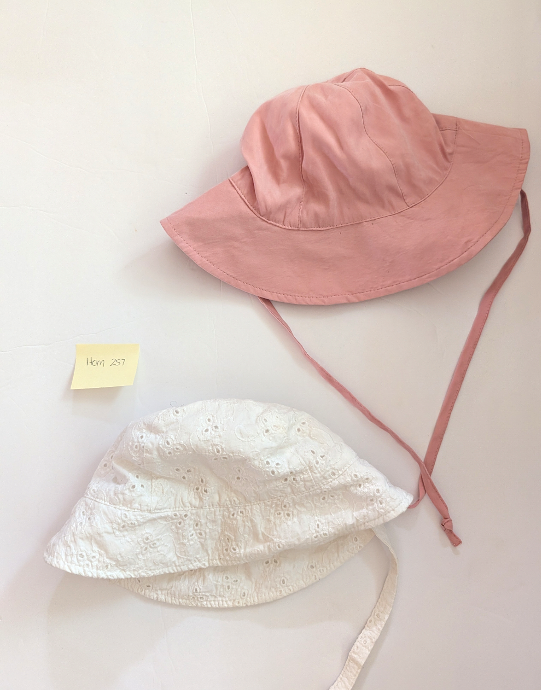 Seller 97, No Boundaries White Eyelit Hat & Pink Sun Hat, baby, size 6mo (item 257)