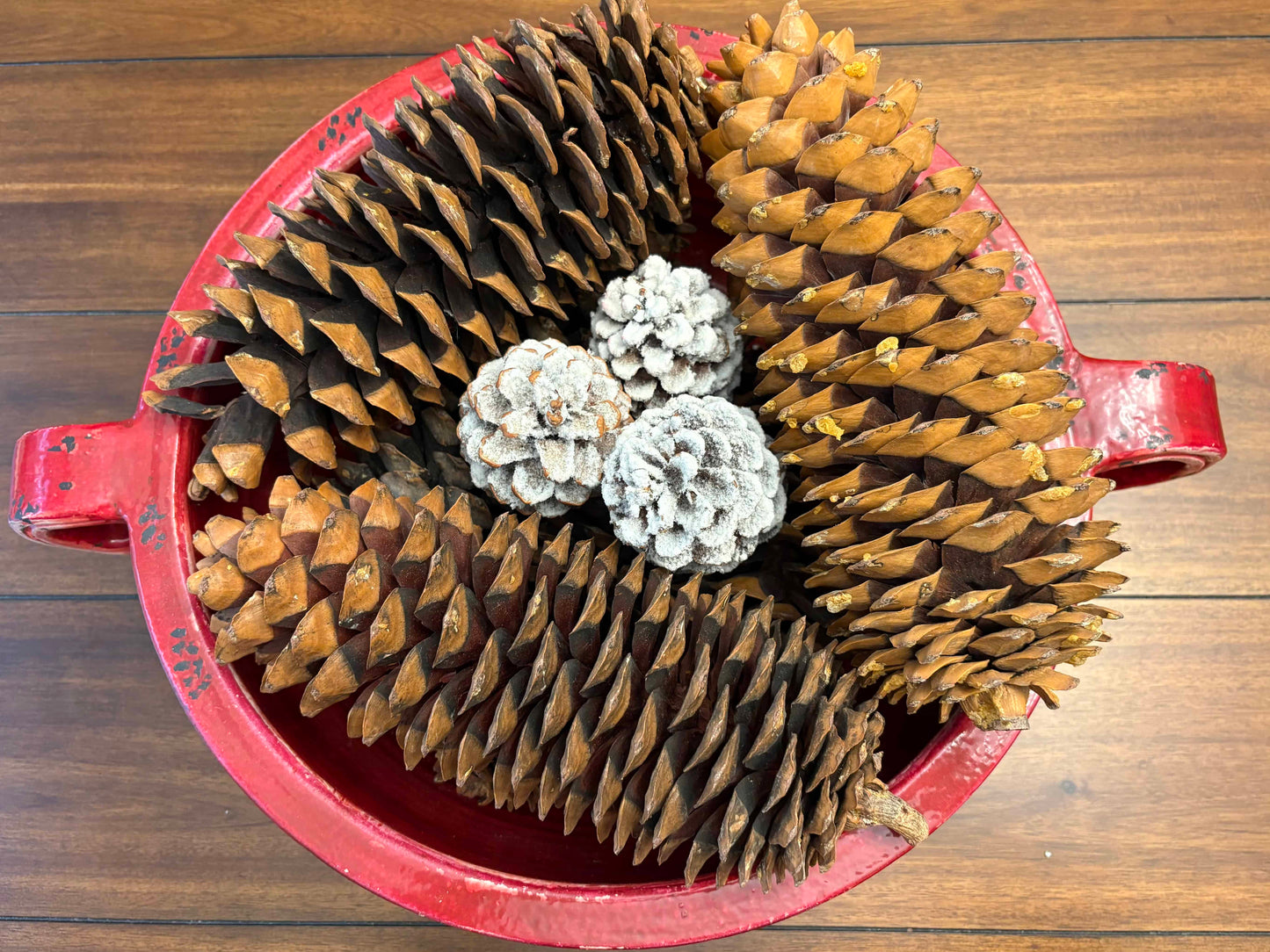 Seller #210 Large Red Rustic Bowl Filled with Giant Pinecones