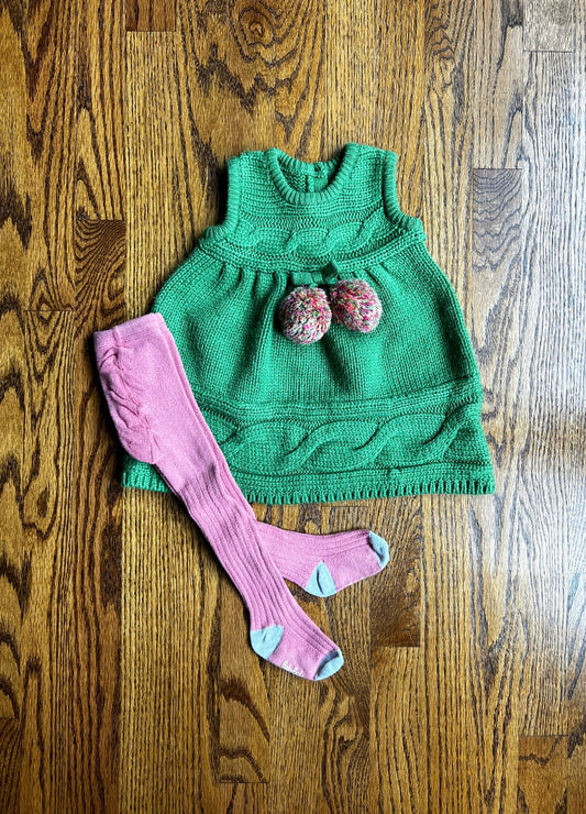 Seller #115 - Gymboree Baby Girl 6-12M Green Sweater Jumper with Pink Poms & Coordinating Pink Boden Tights, VGUC