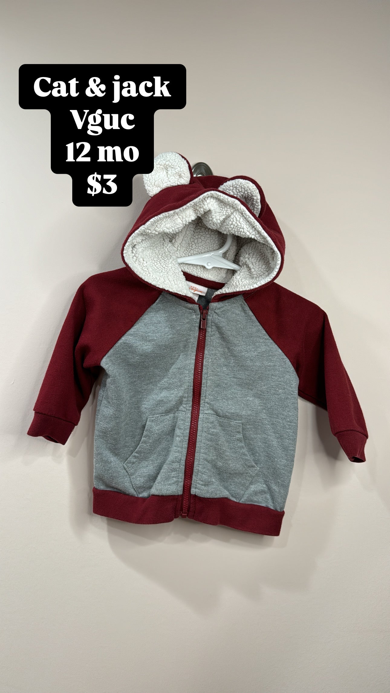 90b cat & jack 12 mo zip hoodie with bear ears