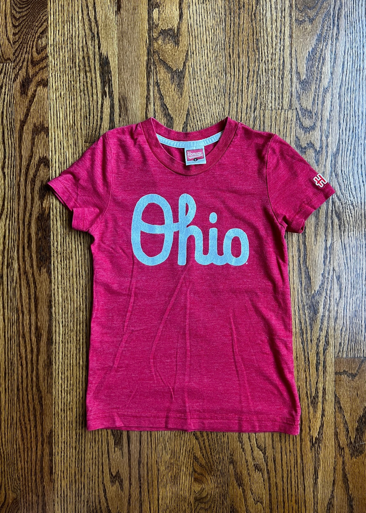 Seller #115 - Homage Kids Size 6 Script Ohio (Ohio State) Red Tee, GUC (Read Description)