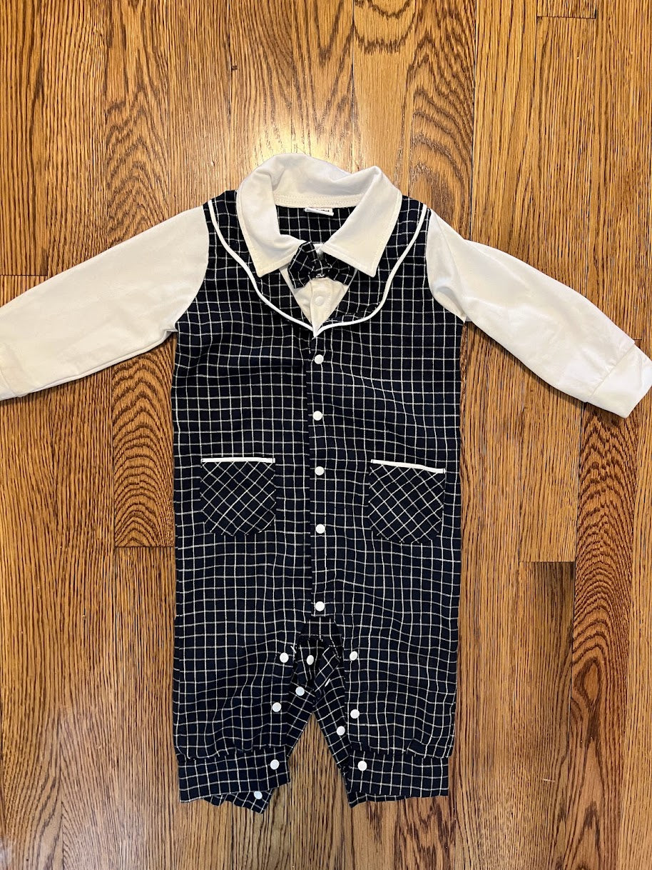Baby Boy 1pc Suit - Navy Plaid with Bow Tie