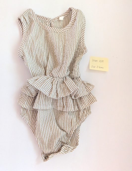 Seller 97, Tan Seersucker w/Ruffle Onesie, baby, size 3-6mo (item 259)