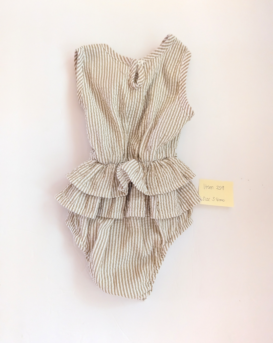 Seller 97, Tan Seersucker w/Ruffle Onesie, baby, size 3-6mo (item 259)