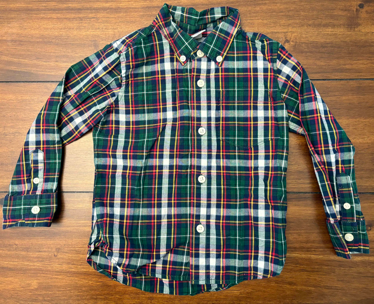 #197 Gap Boys Size 3 Forest Green Navy & Red Long Sleeve Button Down Dress Shirt