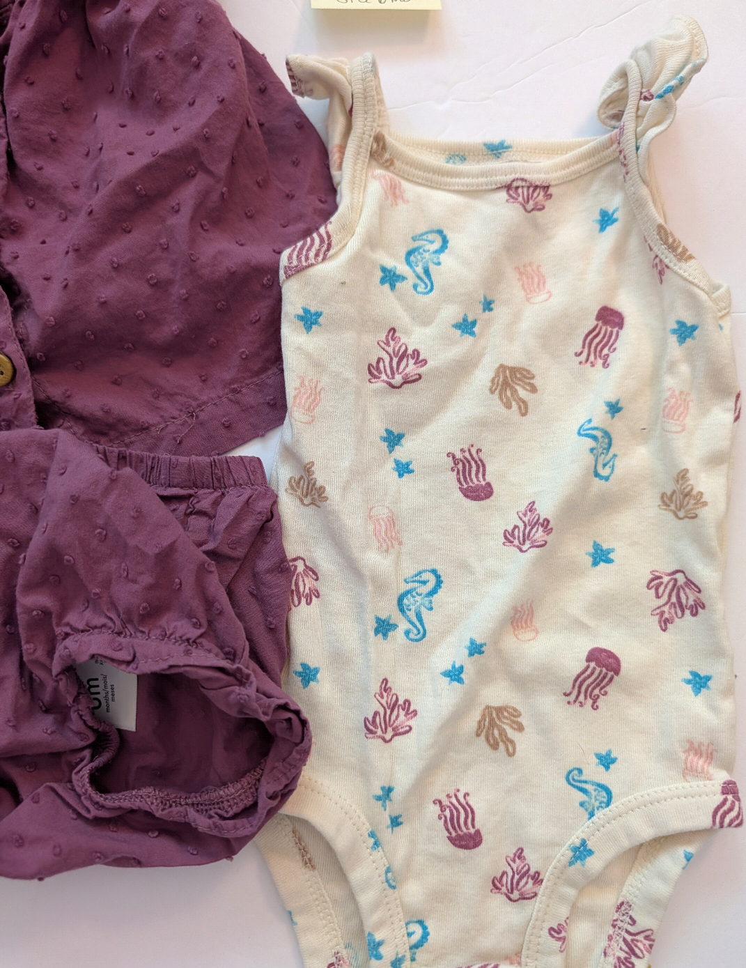 Seller 97, Carter's Purple Sleeveless w/Ruffle Set & Seahorse Onesie, baby size 6mo (item 263)