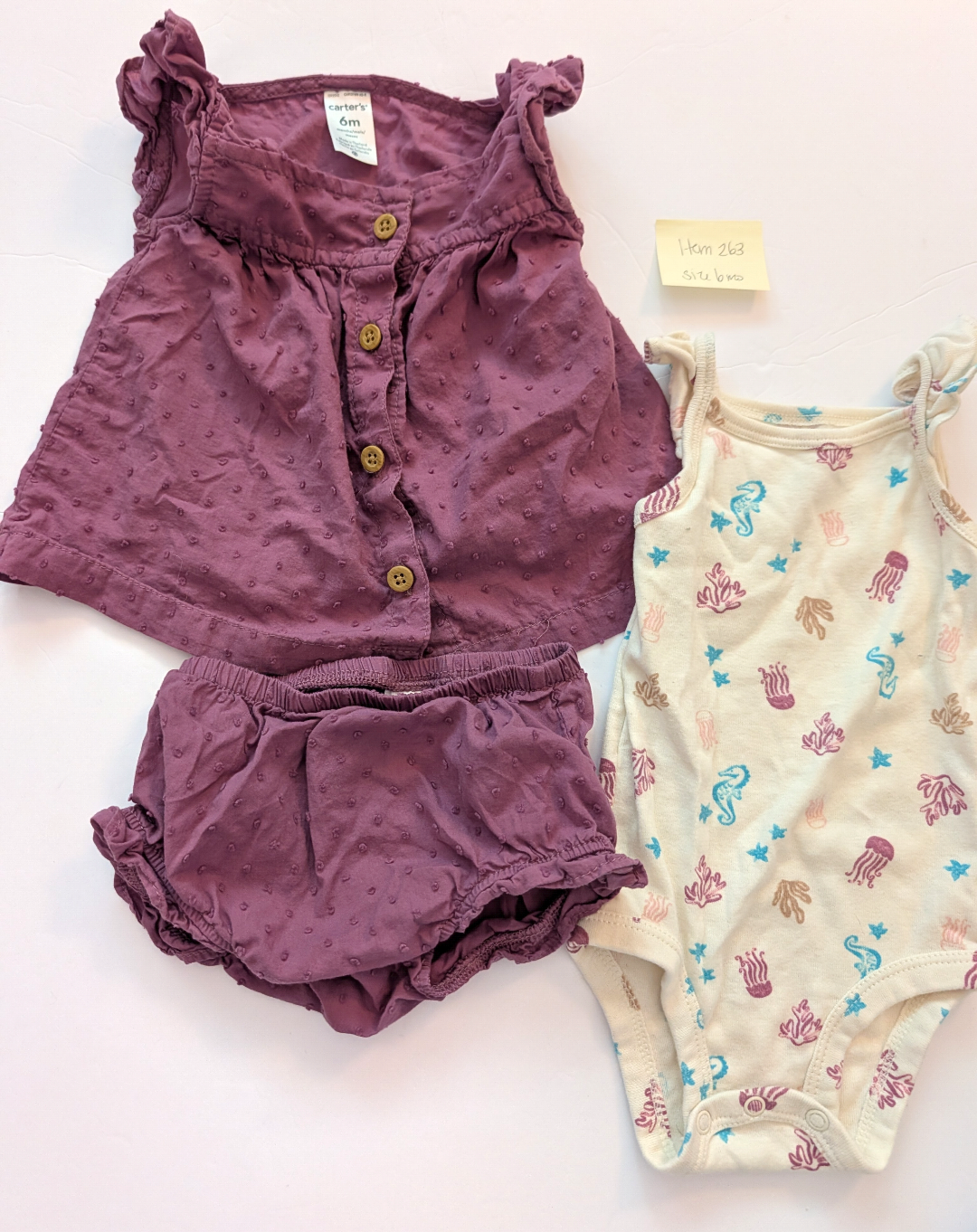 Seller 97, Carter's Purple Sleeveless w/Ruffle Set & Seahorse Onesie, baby size 6mo (item 263)