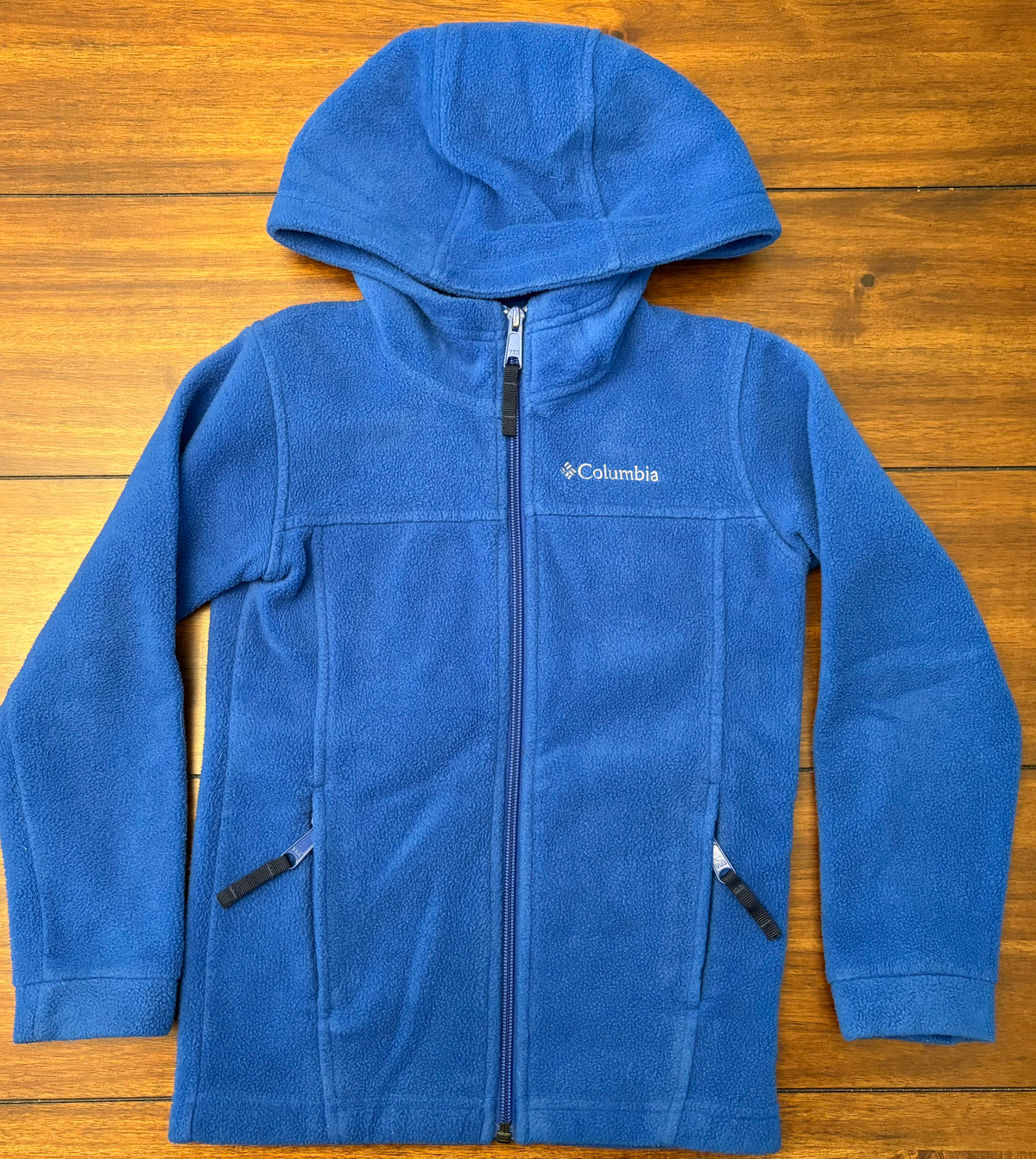 #197 Columbia Boys Size 6-7 Blue Hooded Fleece Jacket