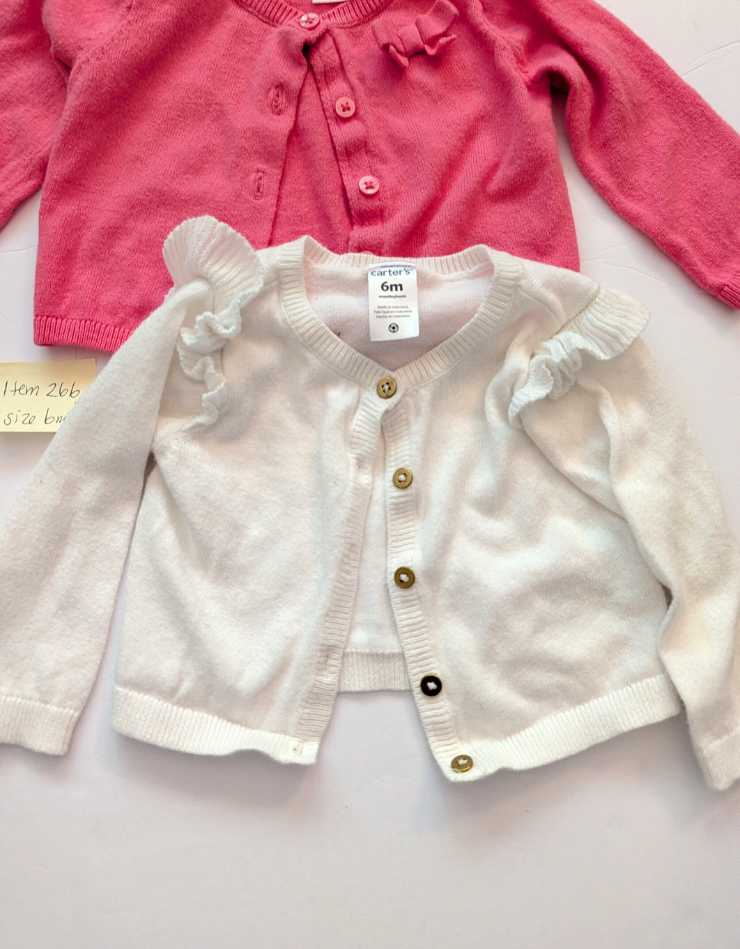 Seller 97, Carter's Pink & White Cardigans, baby size 6mo (item 266)