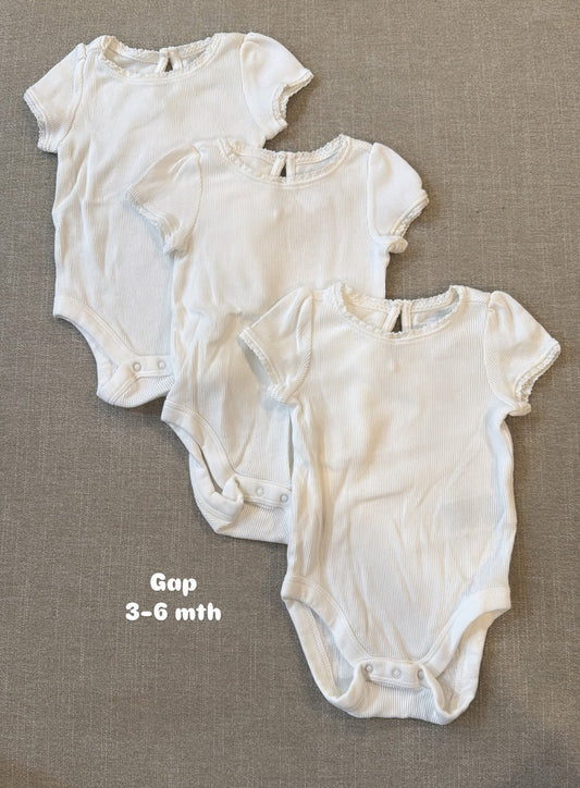 #145 Gap eyelet trim white onesies set of 3 Girls 3-6 mth EUC