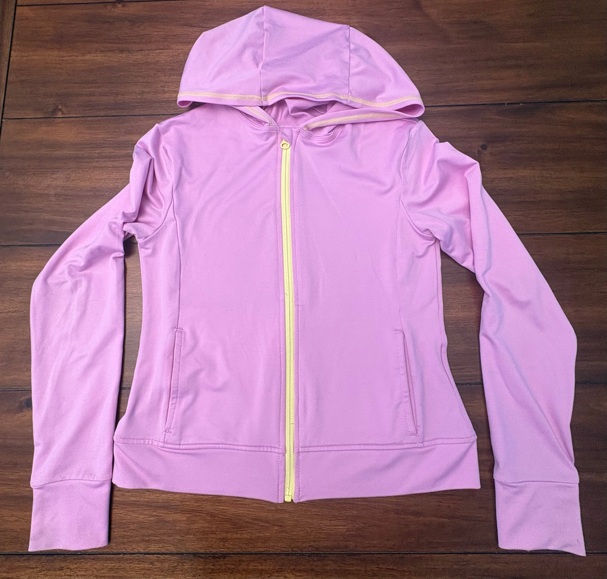#197 Lands End Girls Size 10-12 (L) Pink Hooded Active Zip Up Track Jacket