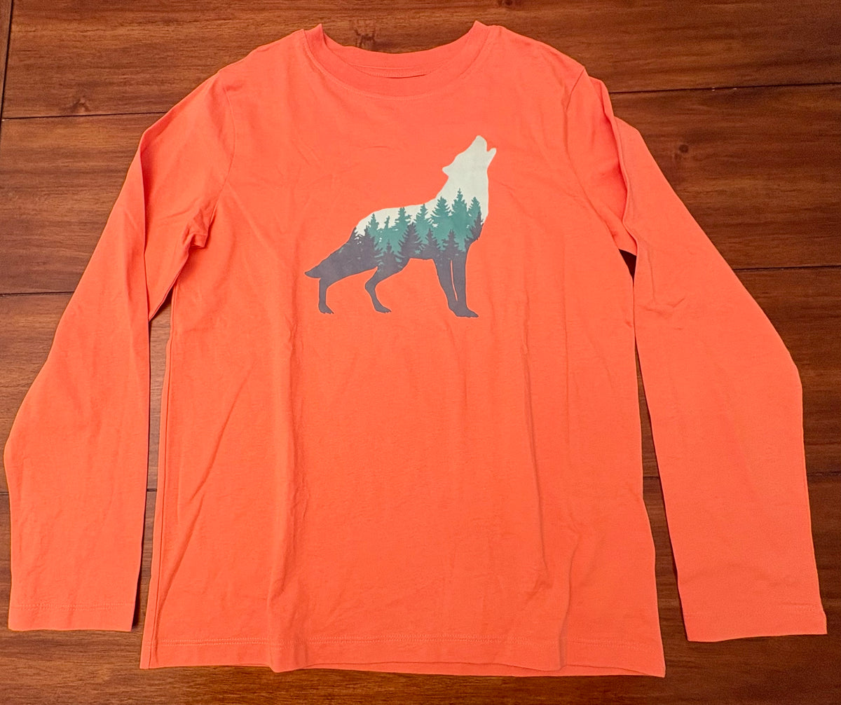 #197 Lands End Boys Size 10-12 (L) Orange Long Sleeve Wolf Graphic Shirt NWOT