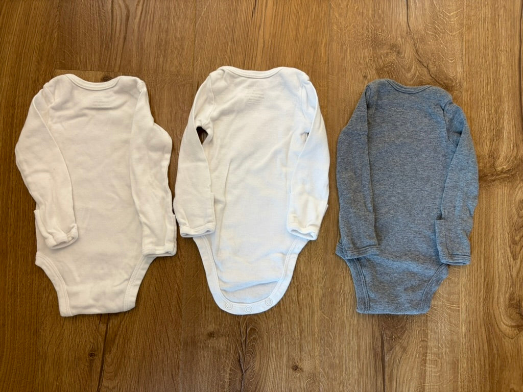 #6 - Carters Simple Joys Long Sleeved Onesies/Bodysuits - Set of 3, White and Grey - Gender Neutral - Newborn