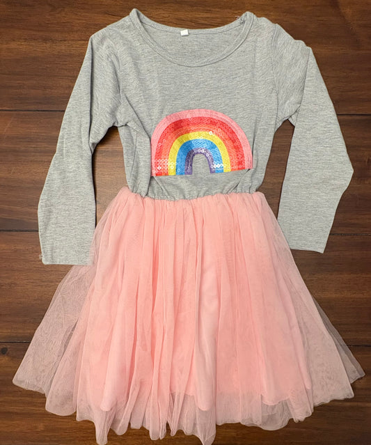 #197 Girls Size 5-6 Gray Rainbow Sequin Pink Tutu Dress NWOT