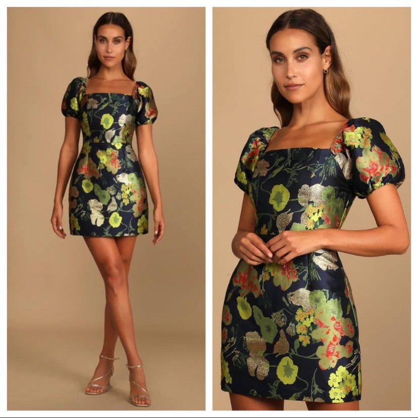 Seller #144 LULUS "So Stunning Navy Blue Floral Jacquard Puff Sleeve Mini Dress - Size SMALL - NWT