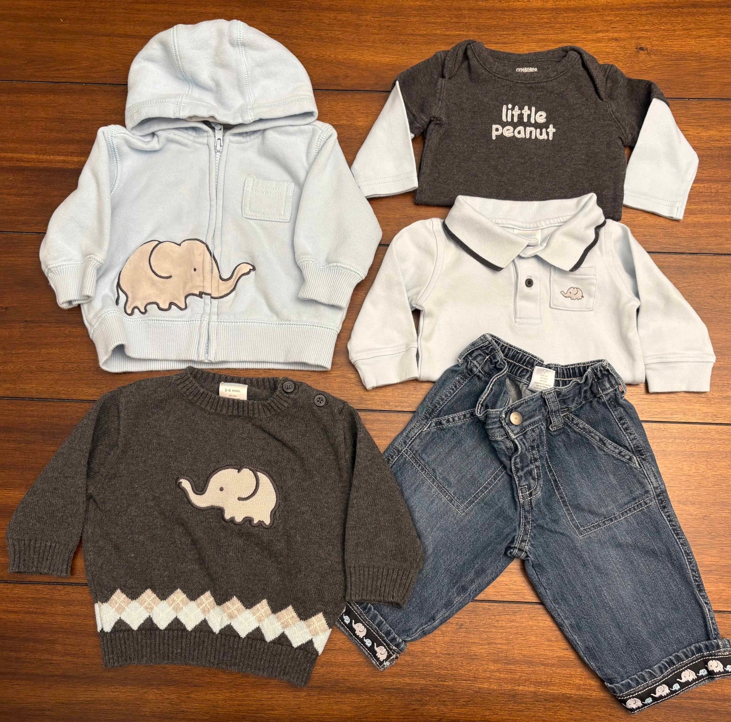 Seller #210 Gymboree Boys Size 3-6M Light Blue & Gray Elephant "Little Peanut" Outfit Set
