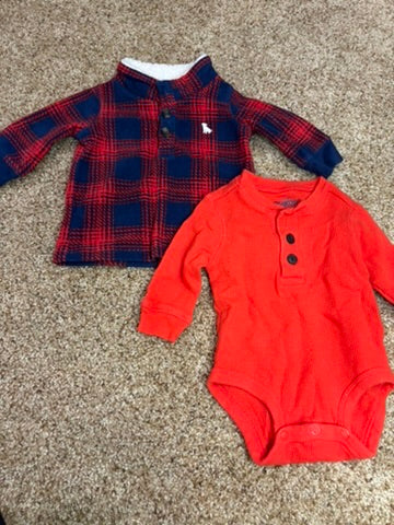 #86A boys 3mo carters navy and red plaid fleece sweatshirt, and 3mo Oshkosh red henley