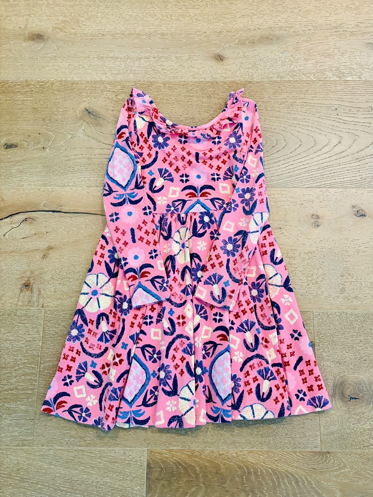 Seller #193 WORN ONCE Tea Collection Girls Size 7 Pink Dress with Floral and Geometric Pattern