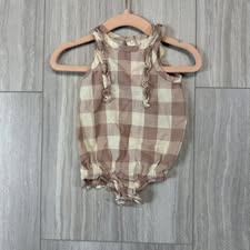 Seller 17: Pehr Checkmate Flutter One-Piece Bubble Romper in Iris 0-3mo.